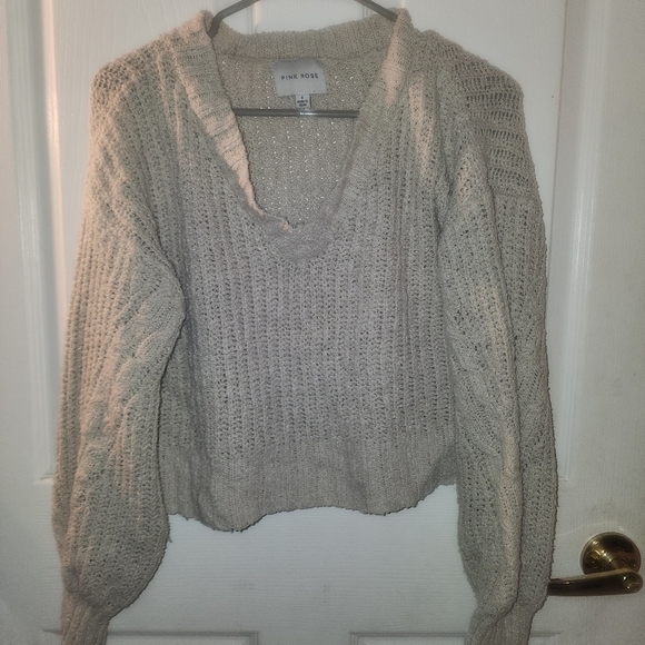 Pink Rose Sweater Womens Chenille Knit Cropped Pullover Sz Small Beige - Picture 1 of 3